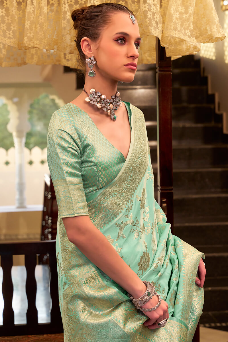 Fairytale Sea Green Banarasi Satin Silk Saree With Forbearance Blouse