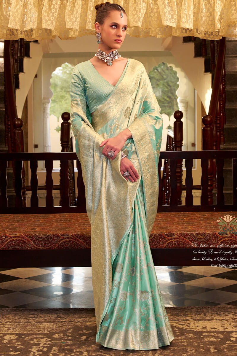 Fairytale Sea Green Banarasi Satin Silk Saree With Forbearance Blouse
