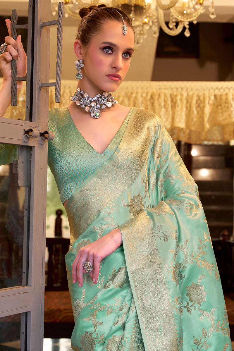 Fairytale Sea Green Banarasi Satin Silk Saree With Forbearance Blouse