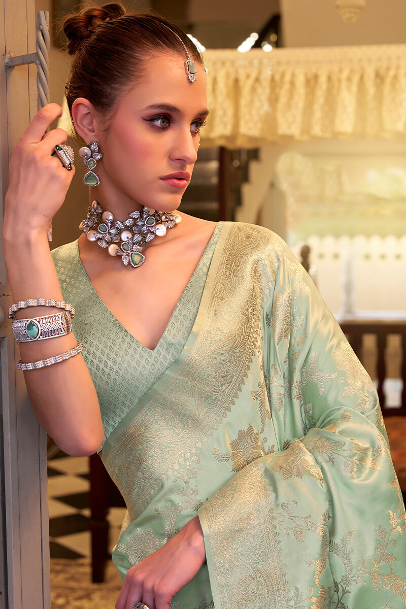 Admirable Pista Banarasi Satin Silk Saree With Sensational Blouse
