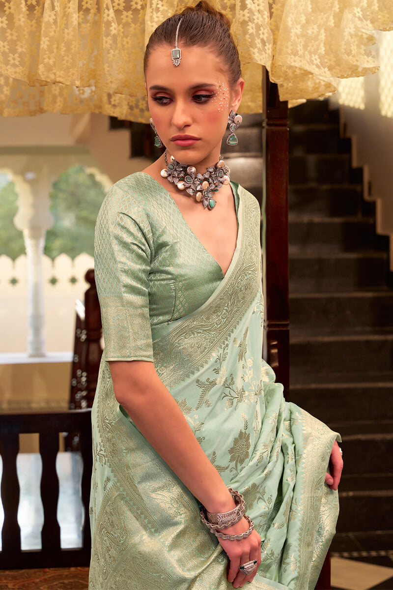 Admirable Pista Banarasi Satin Silk Saree With Sensational Blouse