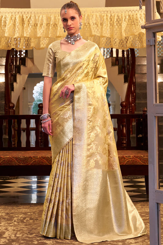 Jubilant Yellow Banarasi Satin Silk Saree With Winsome Blouse
