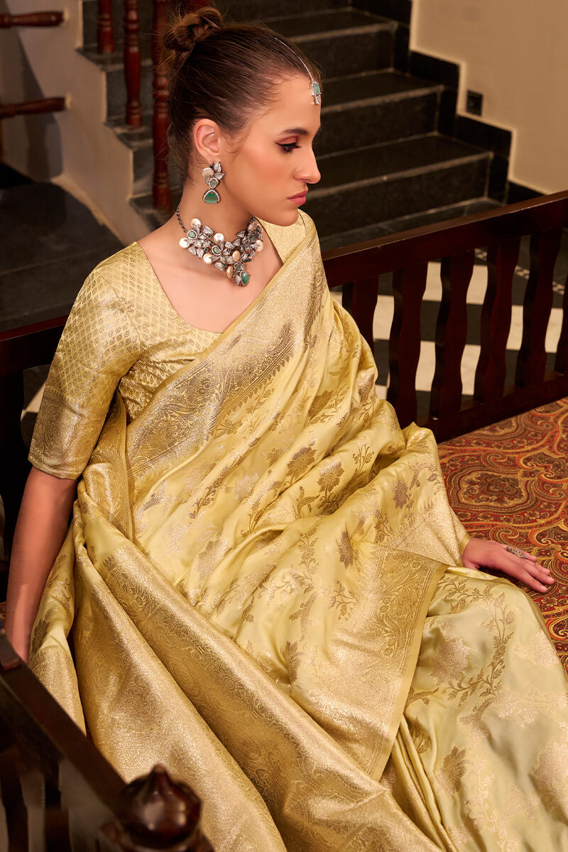 Jubilant Yellow Banarasi Satin Silk Saree With Winsome Blouse