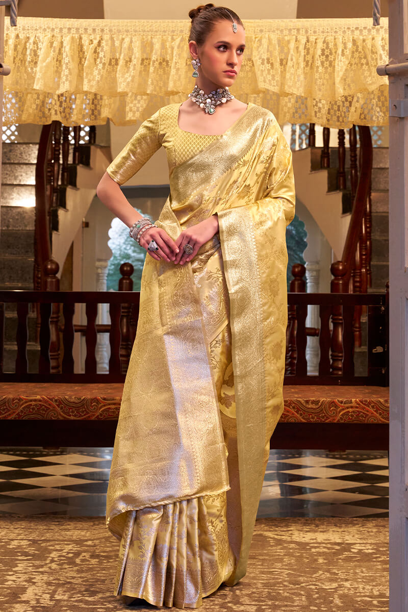 Jubilant Yellow Banarasi Satin Silk Saree With Winsome Blouse