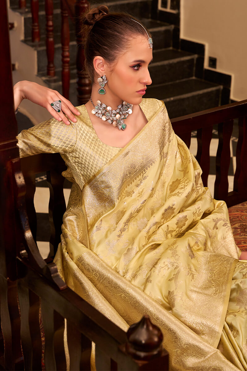 Jubilant Yellow Banarasi Satin Silk Saree With Winsome Blouse