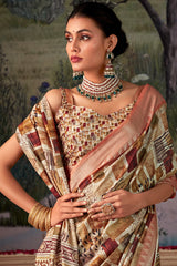 Moiety Brown Digital Printed Tussar Silk Saree With Sumptuous Blouse Piece
