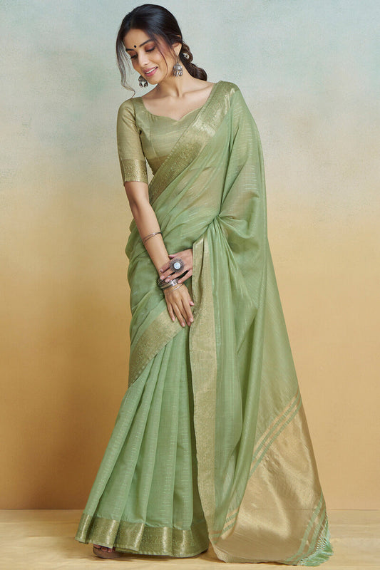 Evanescent Pista Cotton Silk Saree With Confounding Blouse Piece