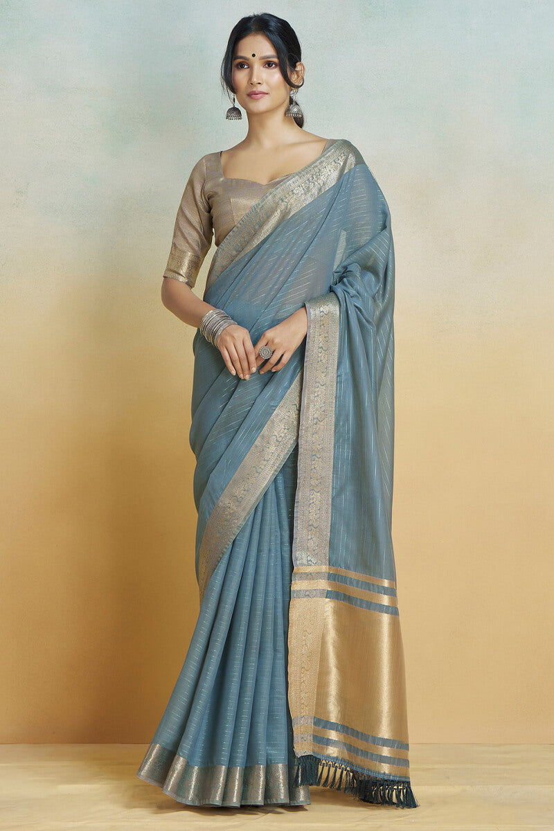 Luminous Dark Grey Cotton Silk Saree With Ailurophile Blouse Piece