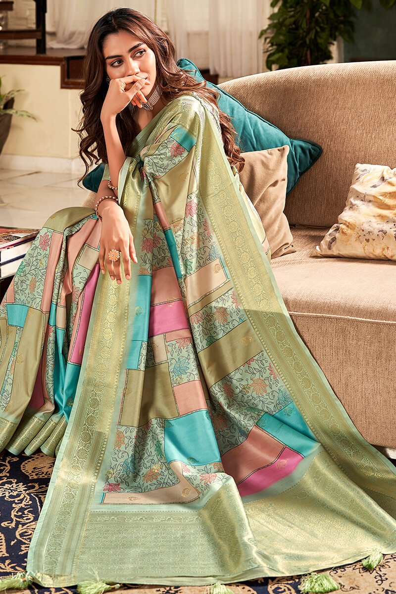 Cynosure Multicolor Digital Printed Soft Silk Saree With Fugacious Blouse Piece