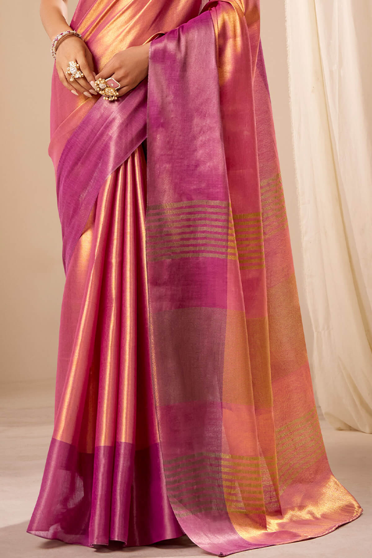 Cynosure Pink Banarasi Tissue Silk Saree With Charming Blouse Piece