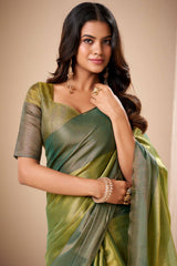 Zephyr Dark Green Banarasi Tissue Silk Saree With Exemplary Blouse Piece