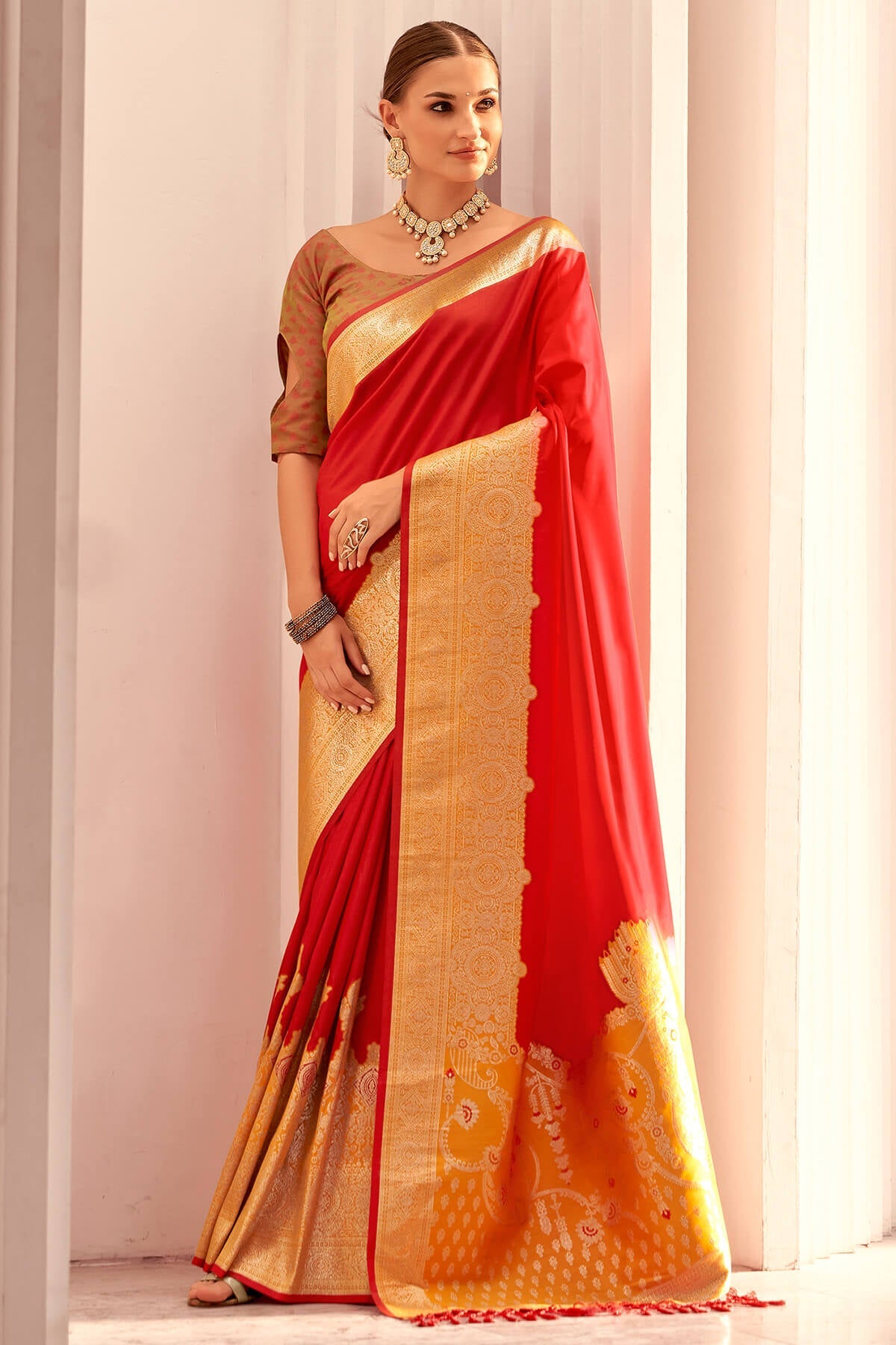 Most Stunning Red Soft Banarasi Silk Saree With Embrocation Blouse Piece