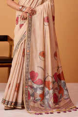 Elegant Peach Jamdani Cotton Silk Saree With Imbrication Blouse Piece