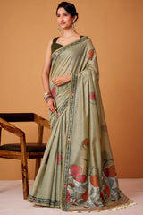 Girlish Green Jamdani Cotton Silk Saree With Sizzling Blouse Piece