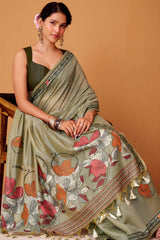 Girlish Green Jamdani Cotton Silk Saree With Sizzling Blouse Piece