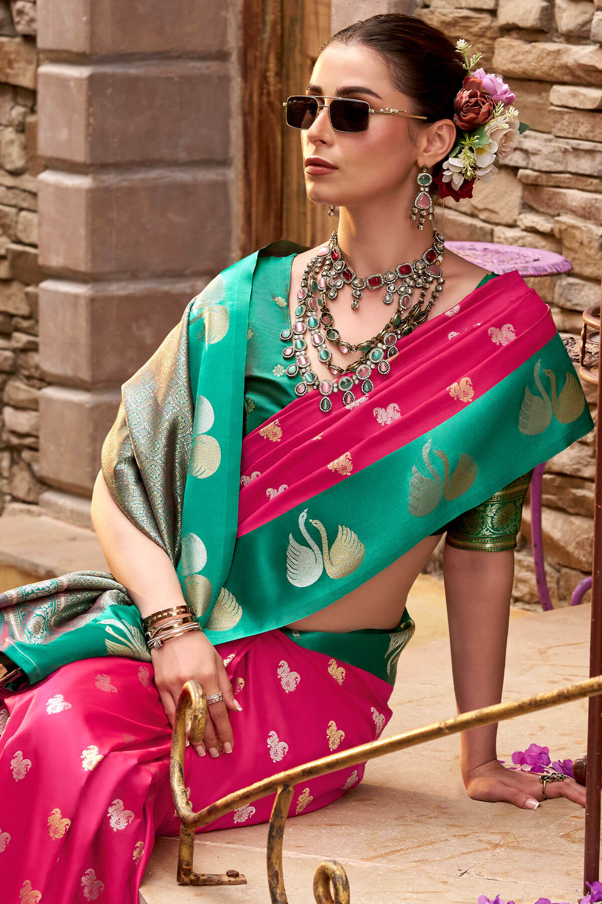 Ornate Dark Pink Banarasi Satin Silk Saree With Unique Blouse