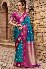 Sophisticated Rama Banarasi Satin Silk Saree With Conflate Blouse