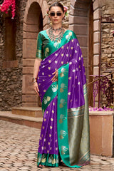 Glowing Purple Banarasi Satin Silk Saree With Glittering Blouse