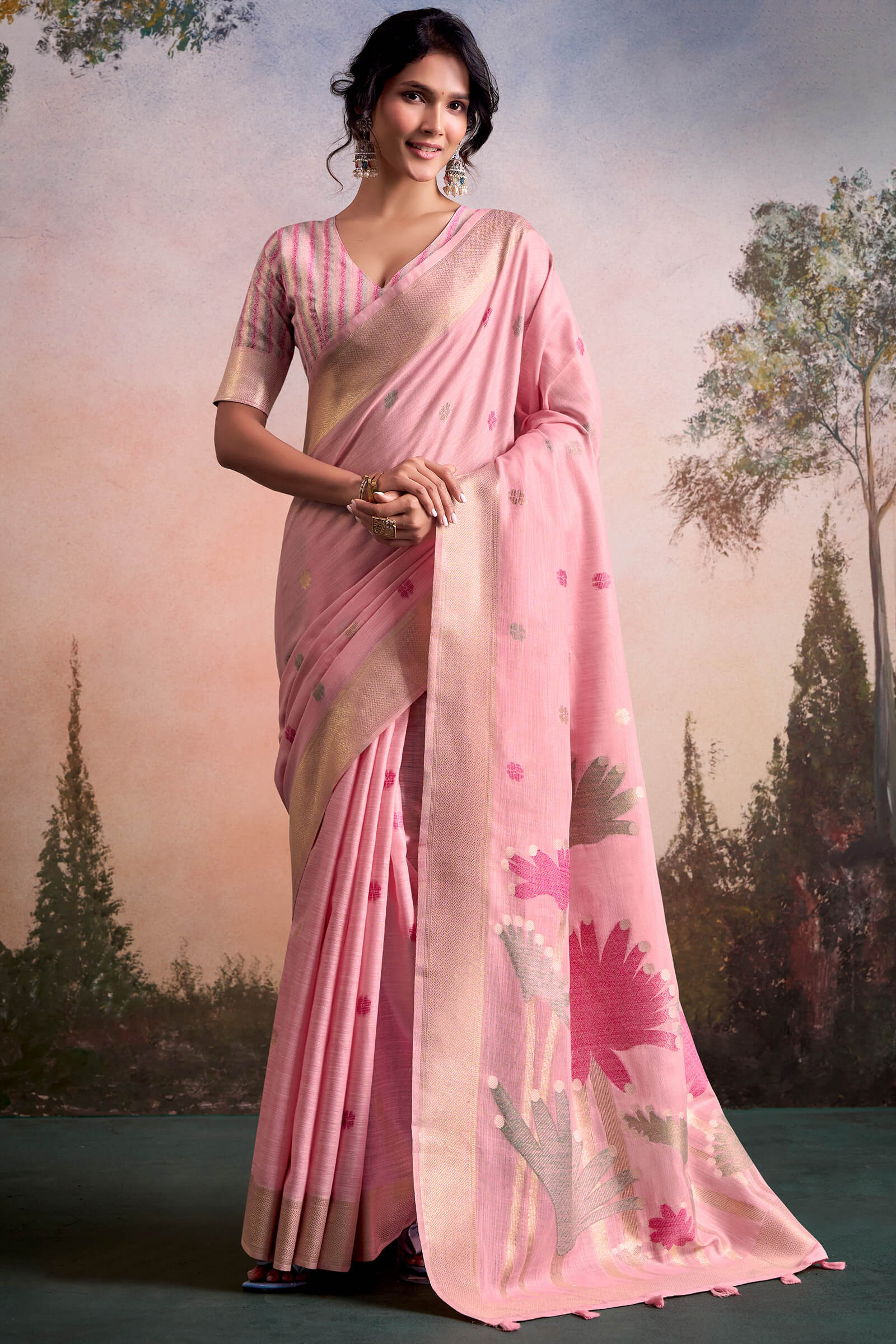 Adorable Pink Zari Woven Pure Linen Silk Saree With Engrossing Blouse Piece
