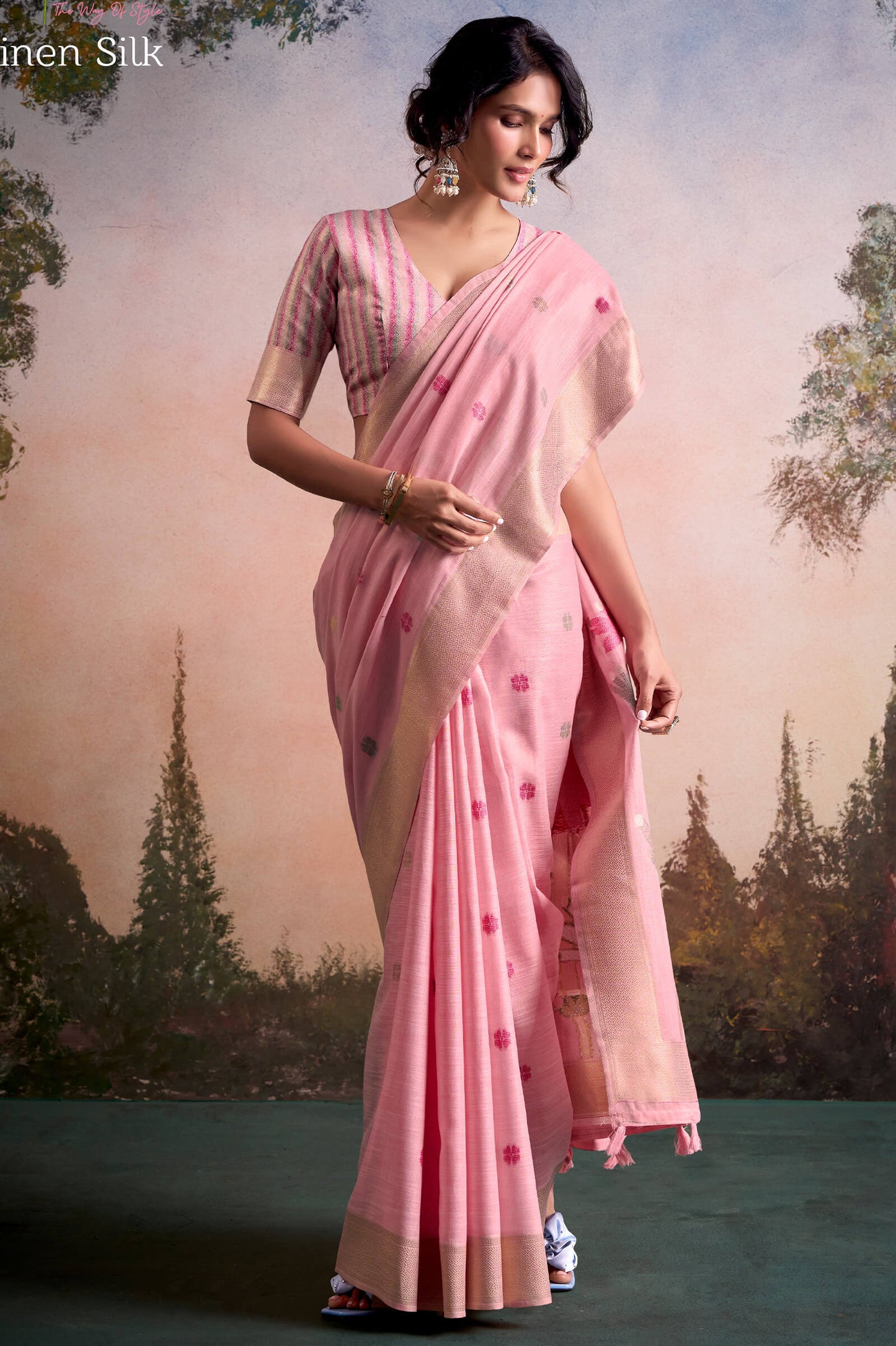 Adorable Pink Zari Woven Pure Linen Silk Saree With Engrossing Blouse Piece