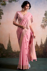 Adorable Pink Zari Woven Pure Linen Silk Saree With Engrossing Blouse Piece