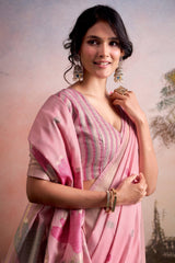 Adorable Pink Zari Woven Pure Linen Silk Saree With Engrossing Blouse Piece