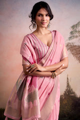 Adorable Pink Zari Woven Pure Linen Silk Saree With Engrossing Blouse Piece