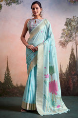 Ratatouille Sky Zari Woven Pure Linen Silk Saree With Redolent Blouse Piece