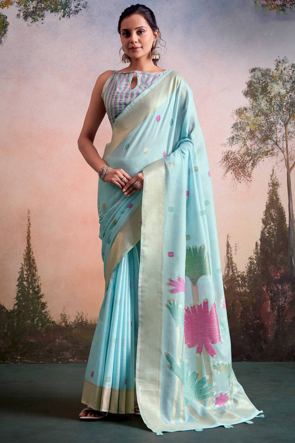 Ratatouille Sky Zari Woven Pure Linen Silk Saree With Redolent Blouse Piece
