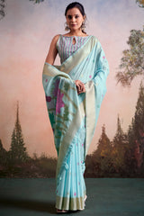 Ratatouille Sky Zari Woven Pure Linen Silk Saree With Redolent Blouse Piece
