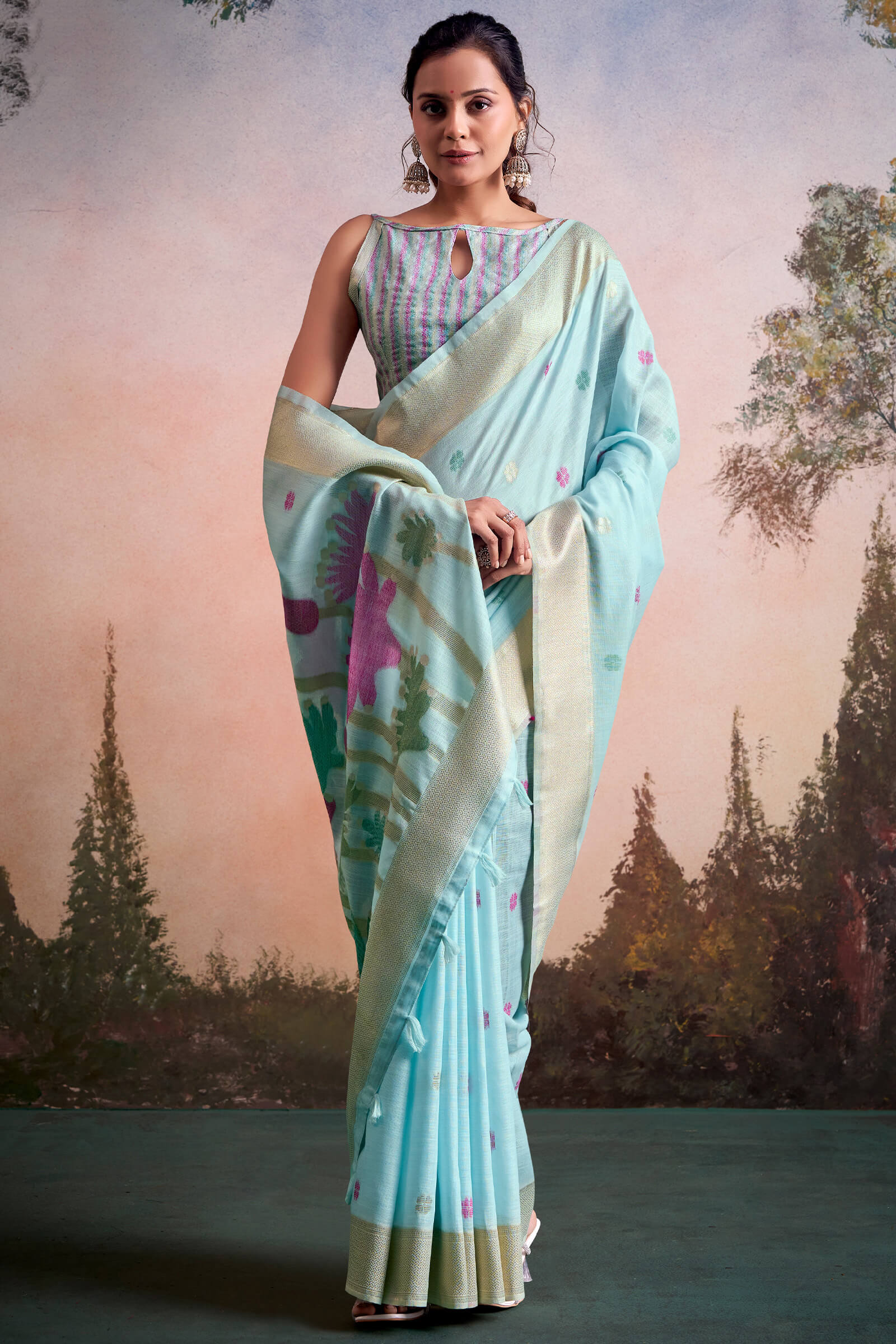 Ratatouille Sky Zari Woven Pure Linen Silk Saree With Redolent Blouse Piece