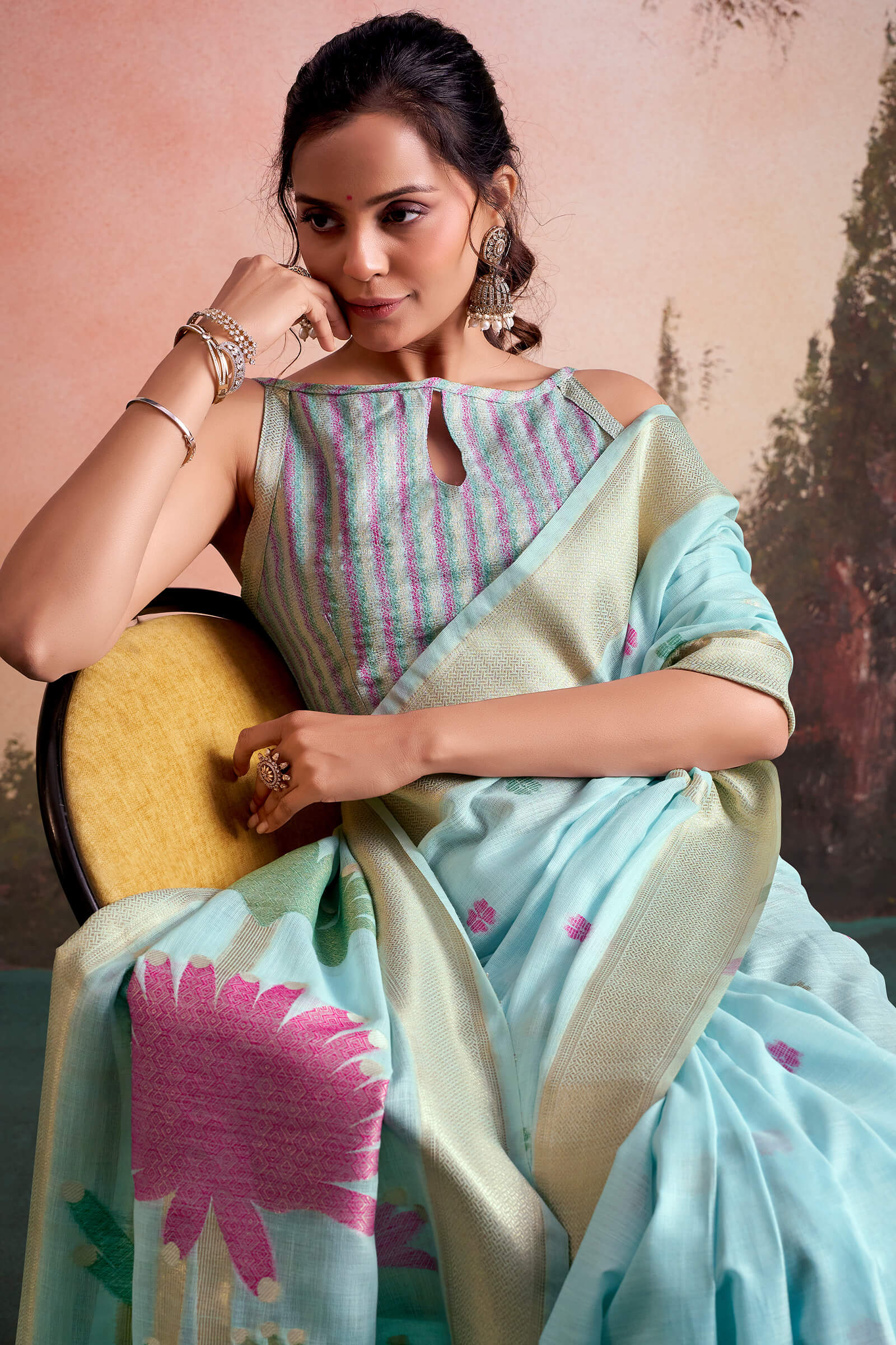 Ratatouille Sky Zari Woven Pure Linen Silk Saree With Redolent Blouse Piece