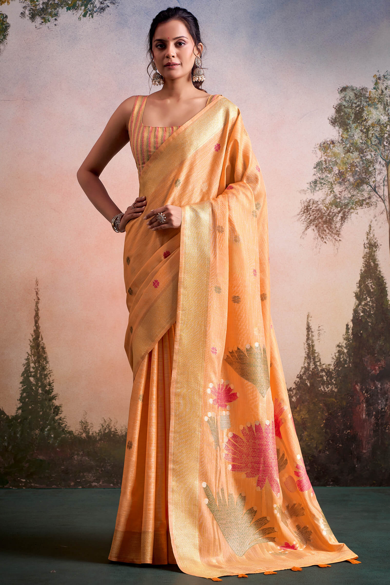 Piquant Peach Zari Woven Pure Linen Silk Saree With Prominent Blouse Piece