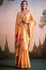 Piquant Peach Zari Woven Pure Linen Silk Saree With Prominent Blouse Piece