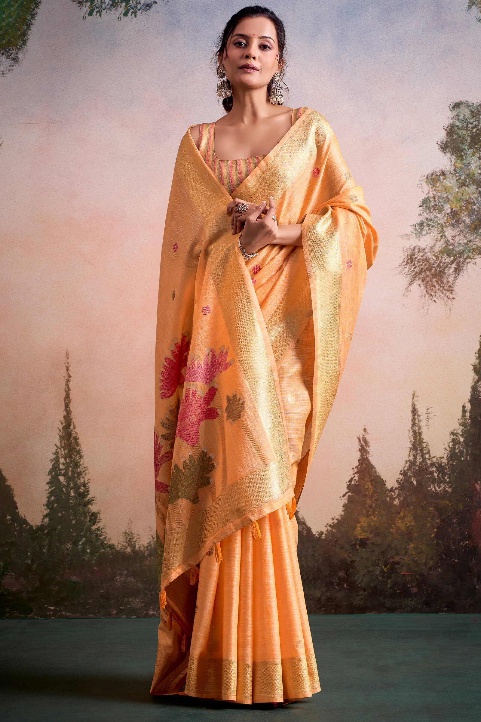 Piquant Peach Zari Woven Pure Linen Silk Saree With Prominent Blouse Piece