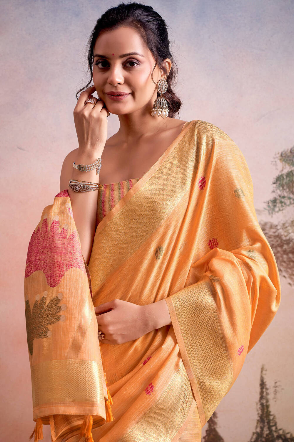 Piquant Peach Zari Woven Pure Linen Silk Saree With Prominent Blouse Piece