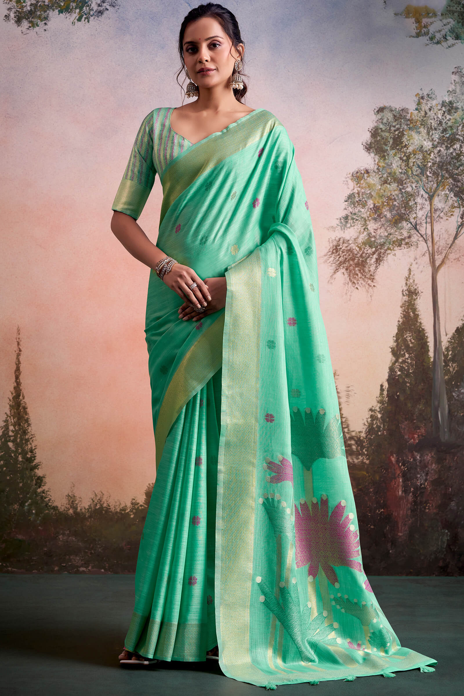 Aplomb Sea Green  Zari Woven Pure Linen Silk Saree With Verdant Blouse Piece