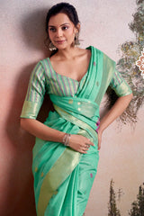 Aplomb Sea Green  Zari Woven Pure Linen Silk Saree With Verdant Blouse Piece