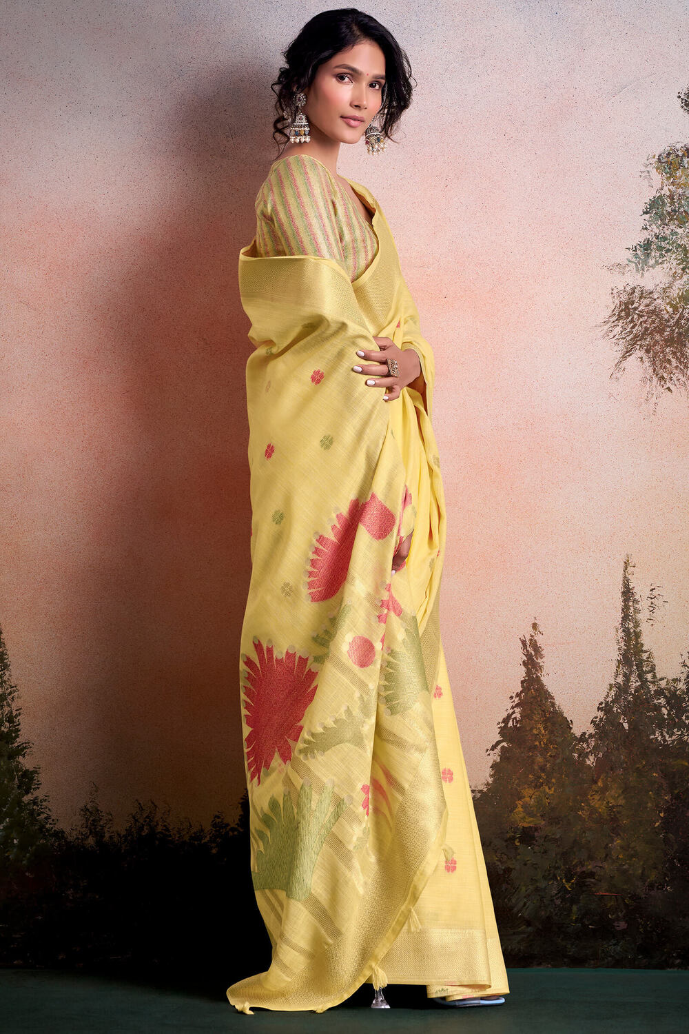 Lustrous Yellow Zari Woven Pure Linen Silk Saree With Pretty Blouse Piece
