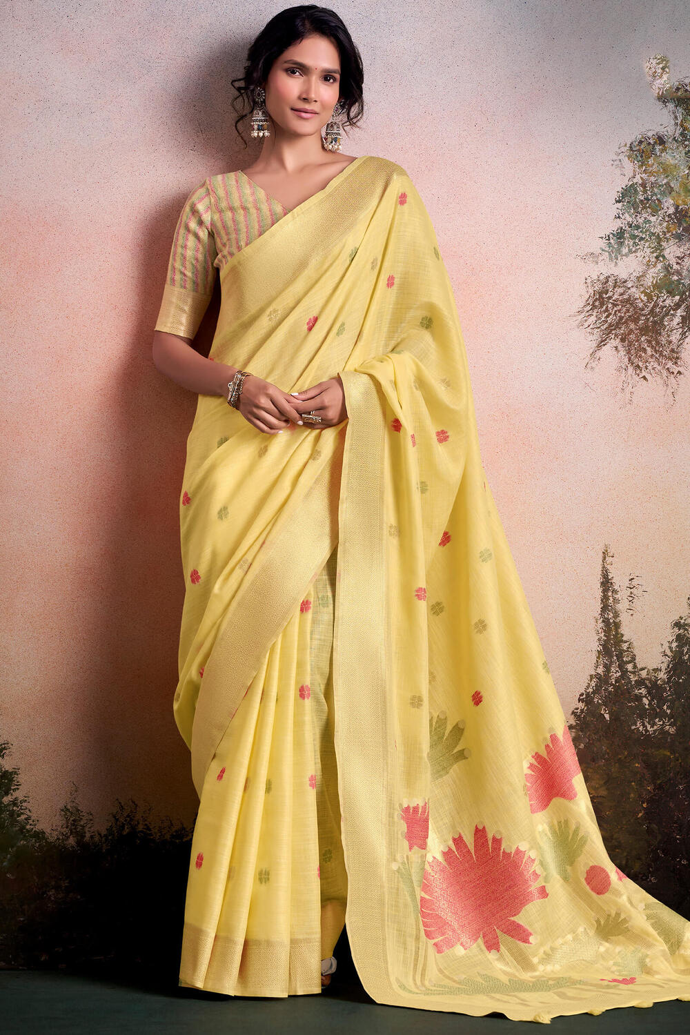 Lustrous Yellow Zari Woven Pure Linen Silk Saree With Pretty Blouse Piece