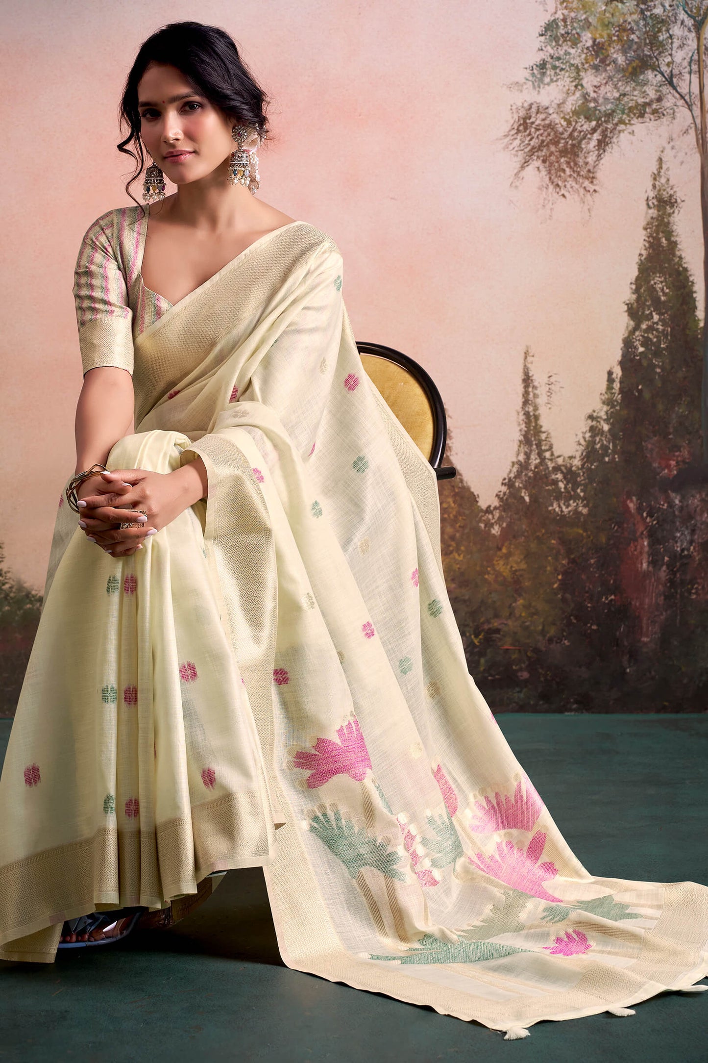 Groovy Beige Zari Woven Pure Linen Silk Saree With Woebegone Blouse Piece