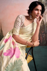 Groovy Beige Zari Woven Pure Linen Silk Saree With Woebegone Blouse Piece