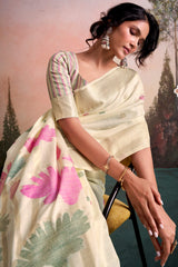 Groovy Beige Zari Woven Pure Linen Silk Saree With Woebegone Blouse Piece