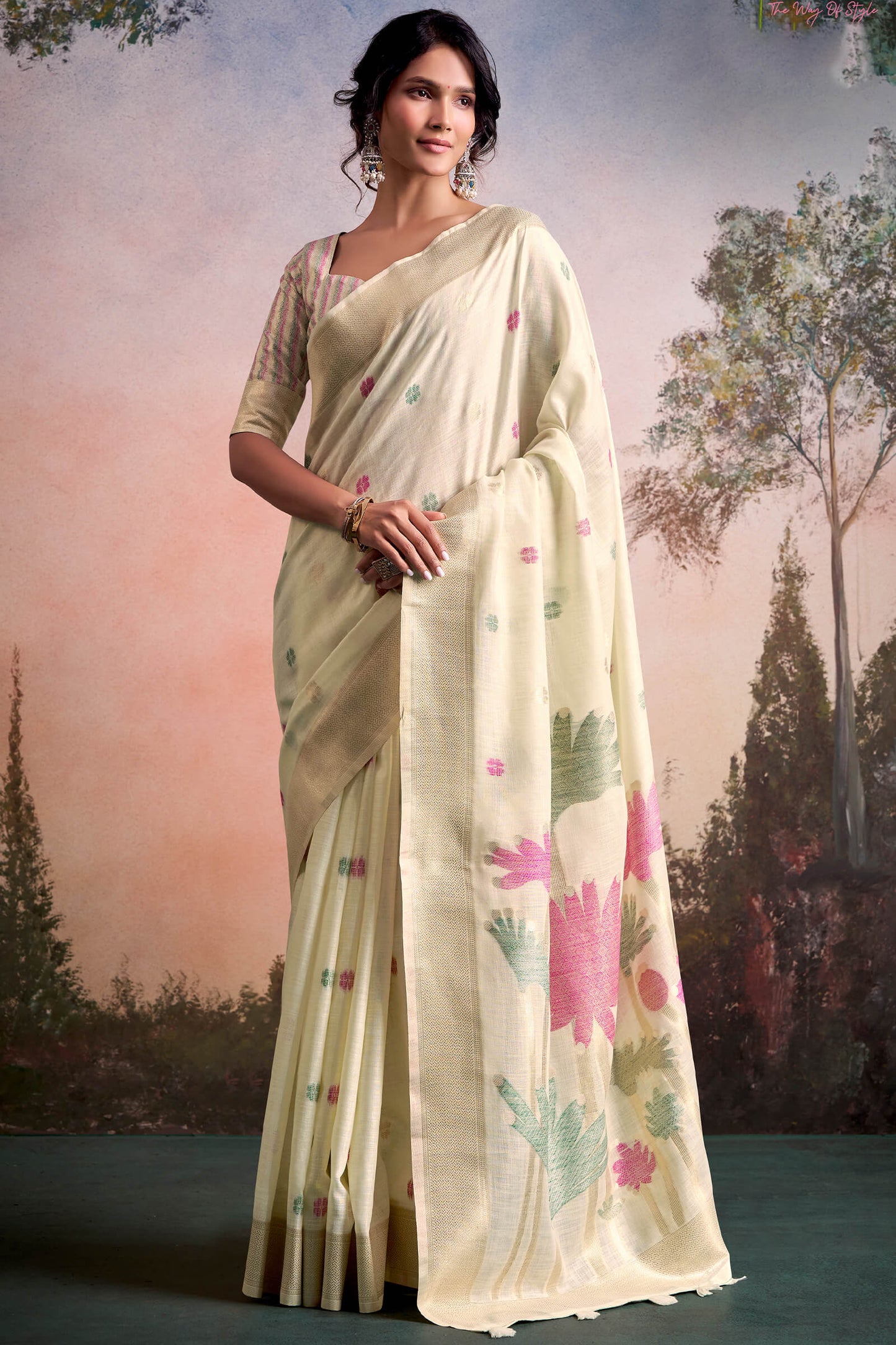 Groovy Beige Zari Woven Pure Linen Silk Saree With Woebegone Blouse Piece