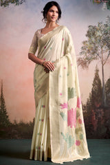 Groovy Beige Zari Woven Pure Linen Silk Saree With Woebegone Blouse Piece