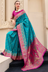 Mellifluous Firozi Soft Banarasi Silk Saree With Glittering Blouse Piece
