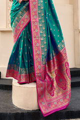Exemplary Rama Soft Banarasi Silk Saree With Entrancing Blouse Piece