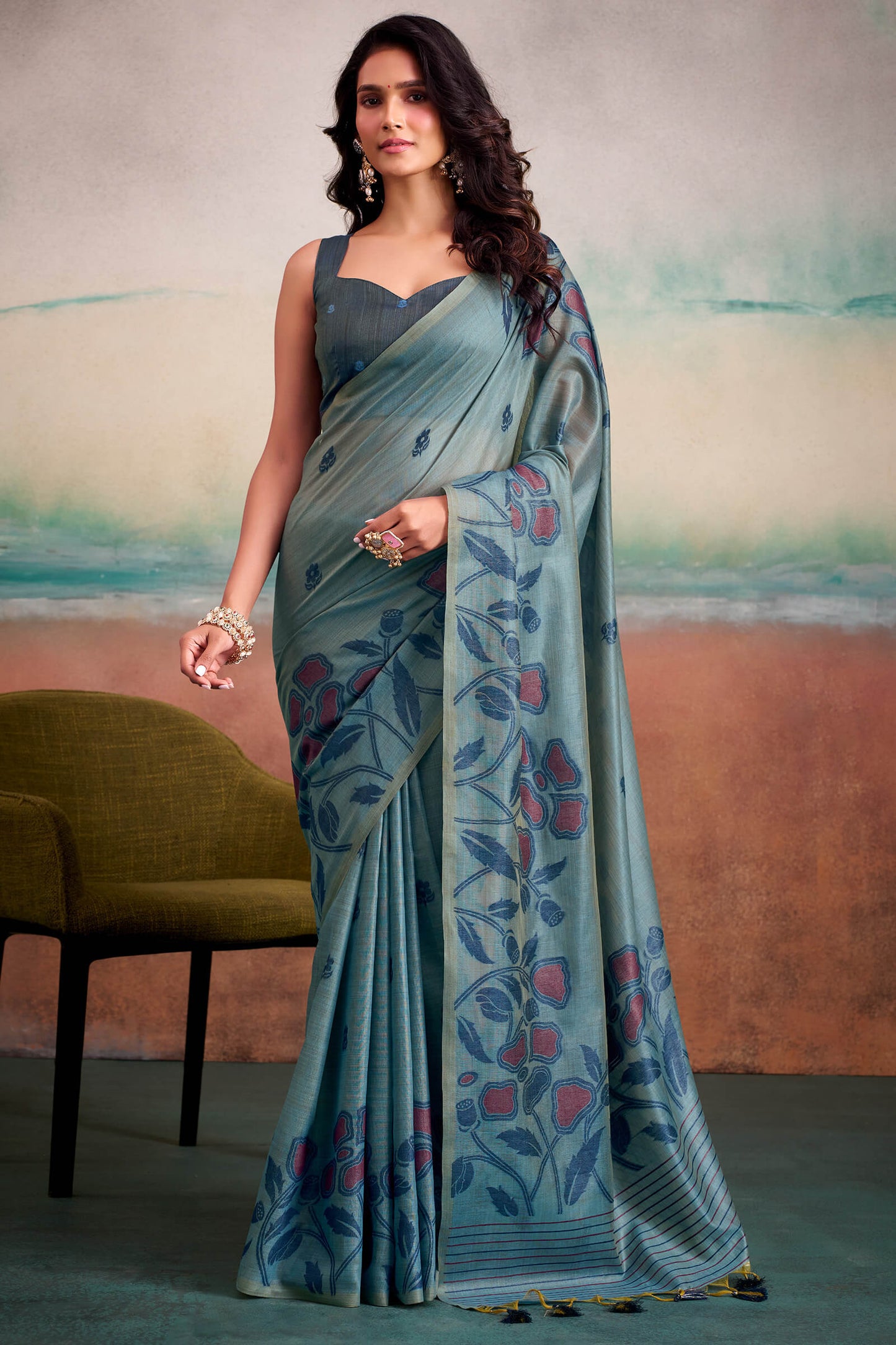 Ethereal Blue Cotton Silk Saree With Gleaming Blouse Piece
