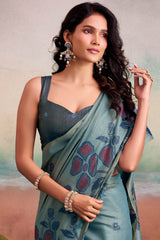 Ethereal Blue Cotton Silk Saree With Gleaming Blouse Piece