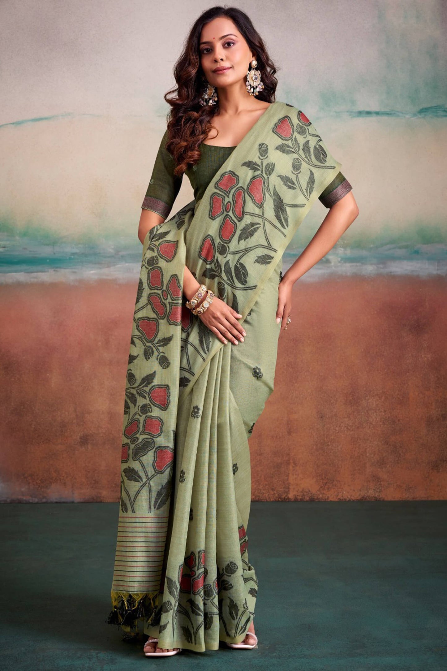 Nemesis Pista Cotton Silk Saree With Refreshing Blouse Piece